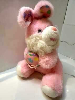 VINTAGE BEST MADE TOYS PINK BUNNY RABBIT W EASTER EGG STUFFED ANIMAL PLUSH